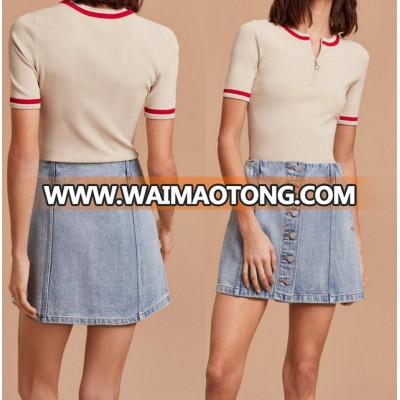 women skirt high waisted button-up and crop top set denim skirt